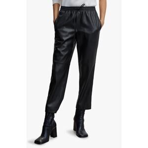 MANGO Womens Faux Leather Pants Large Black Tapered Leg Drawstring Waist Pull On